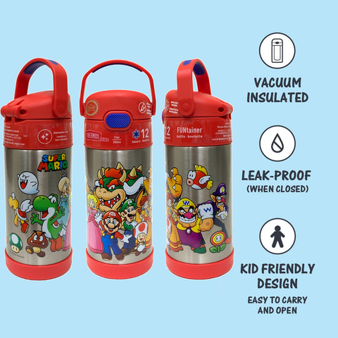 Thermos Funtainer 12 Ounce Stainless Steel Vacuum Insulated Kids Straw Bottle, Super Mario Brothers