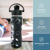 Lifefactory 22oz/650ml Active Flip Cap Glass Water Bottle, Carbon