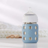 Lifefactory 8-Ounce STAINLESS STEEL Vacuum-Insulated WIDE-Neck Baby Bottle w/ Protective Silicone Sleeve & Stage 2 Nipple (3-6 Months)