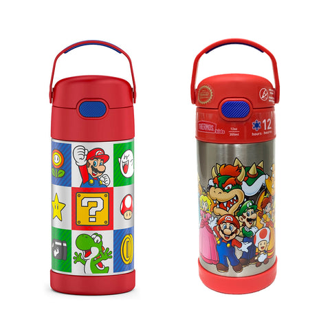 Thermos Funtainer 12 Ounce Stainless Steel Vacuum Insulated Kids Straw Bottle, Super Mario Brothers